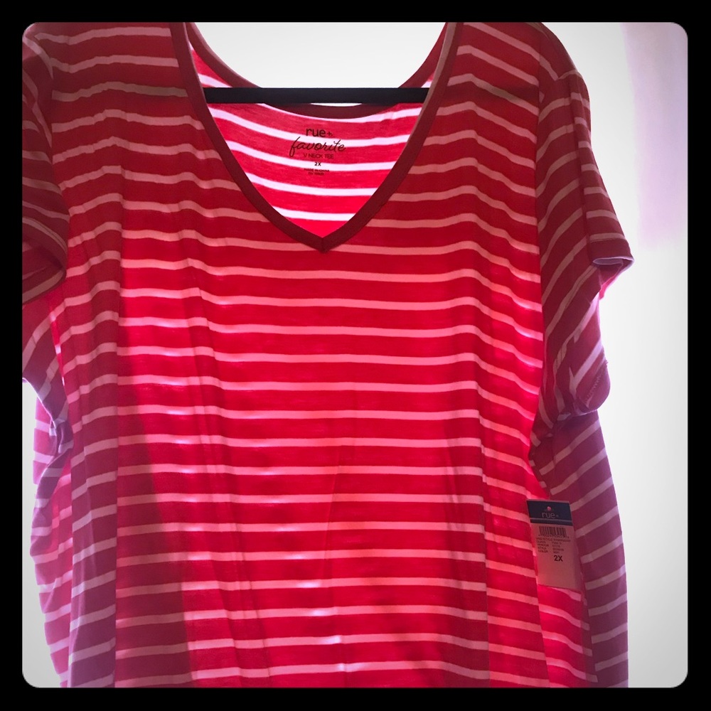 2XL V Neck pink & white striped Tee